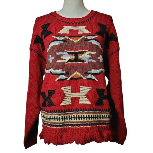 Vintage Casual Corner Aztec Knit Shetland Wool Fringe Sweater Sz L - Picture 1 of 5